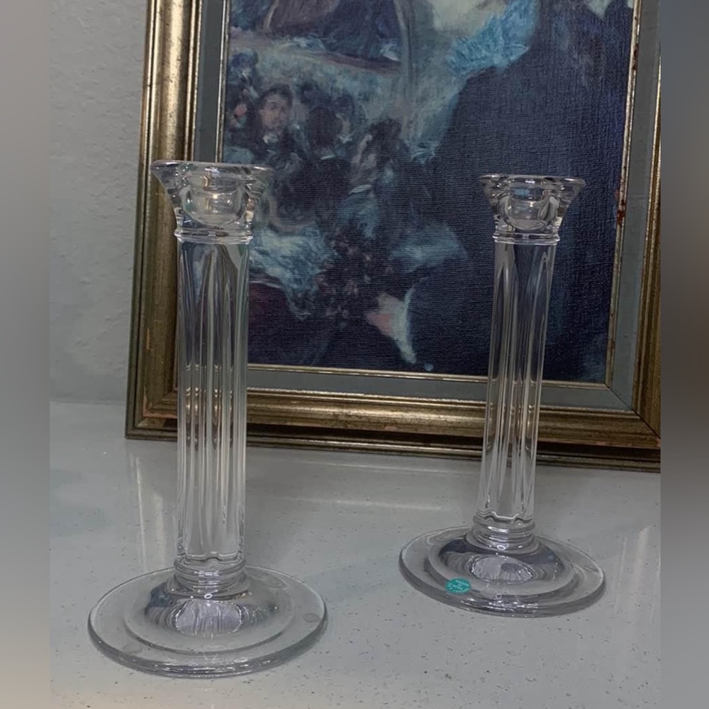 Tiffany & Co Crystal Fluted Hampton Column Pair Of 8.5" Candle Holders Set NWOB